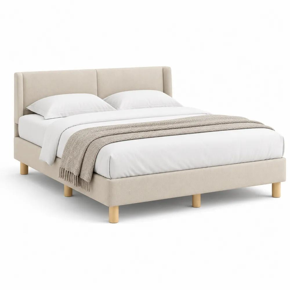 Lit double rembourré beige clair 160 x 200 cm en polyester avec tête de lit et pieds en hévéa massif
