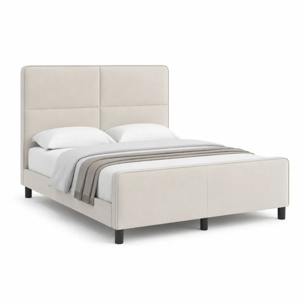 Lit double rembourré en tissu beige avec tête et pied de lit, sommier à lattes, couchage 160 × 200 cm